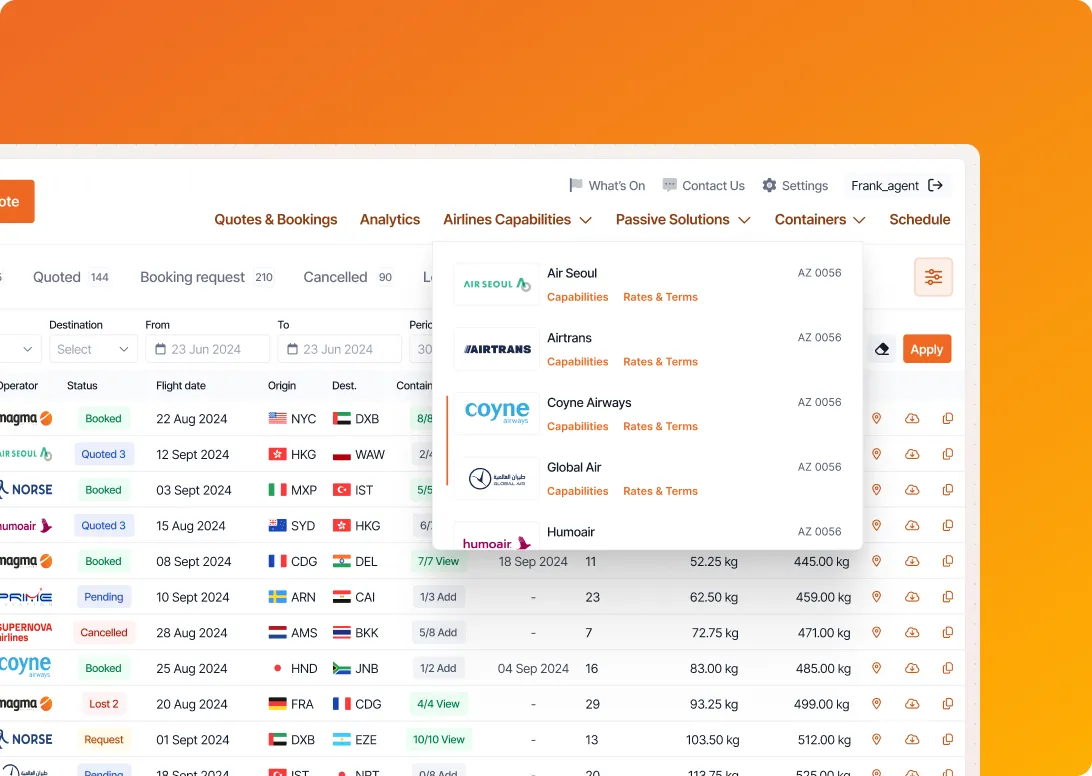 Airlines capabilities dropdown showing carrier options including Air Seoul, Airtrans, Coyne Airways, Global Air, and Humoair with links to capabilities and rates for each.